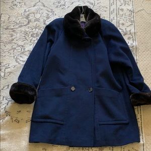 Faux fur trimmed navy coat